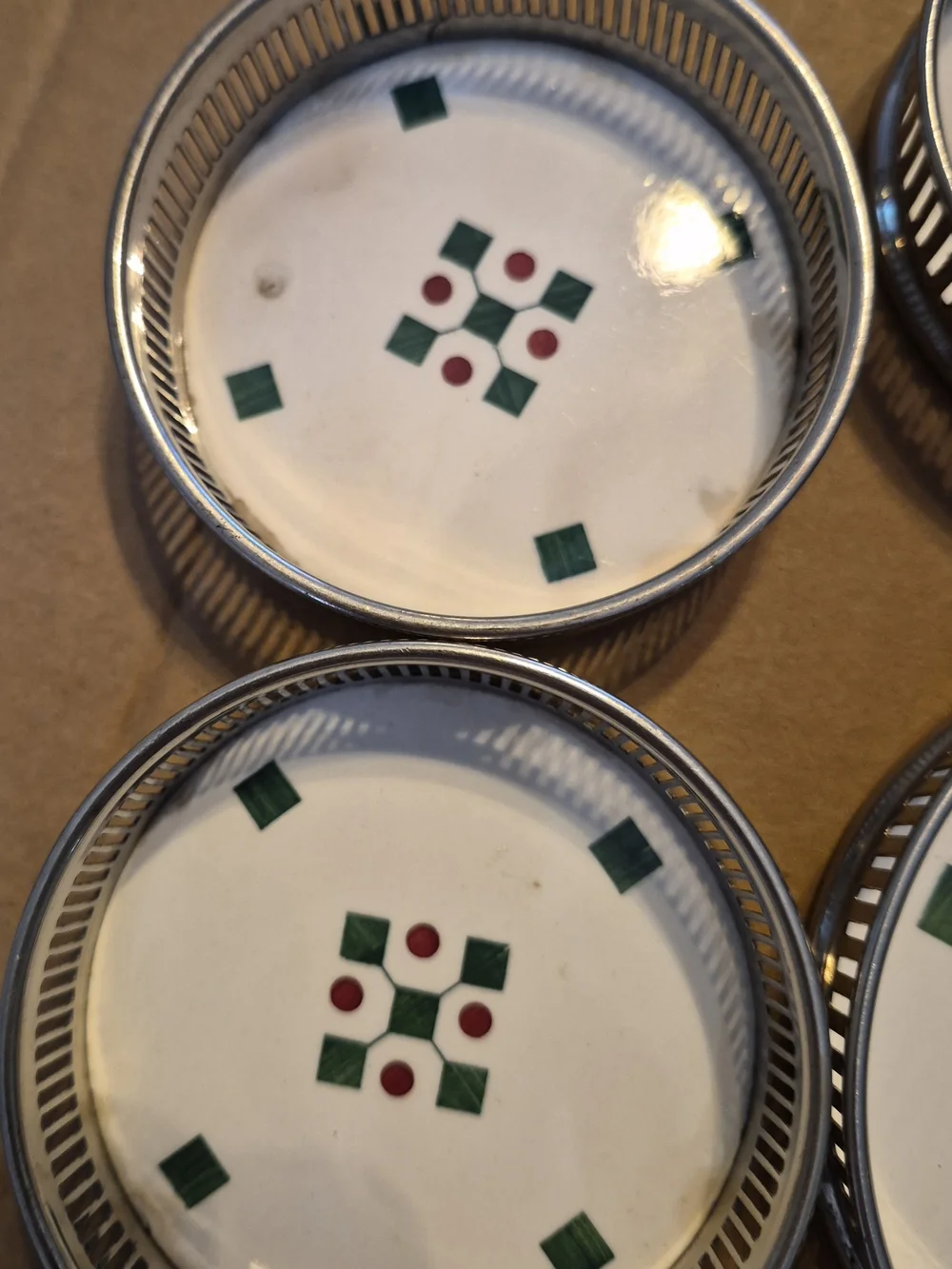 White Ceramic Coasters with Green and Red Inlay (Set of 6) From Silvers Brooklyn